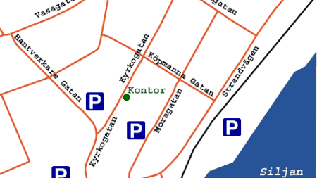 Bilden visar en karta över Mora centrum, där kontoret är markerat