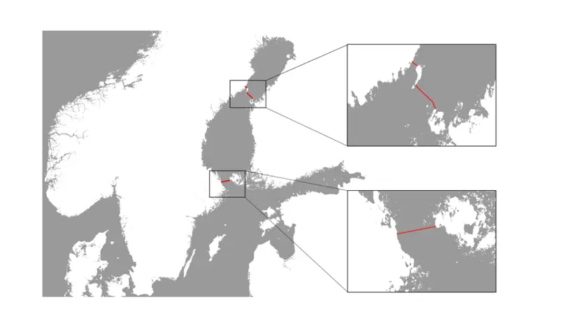 Map showing Sweden, Finland and the Baltic Sea. A red line runs between the countries in two places, marking the locations of the receivers.