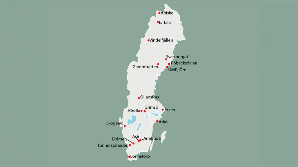 Sverigekarta som visar placering av LTER stationer.