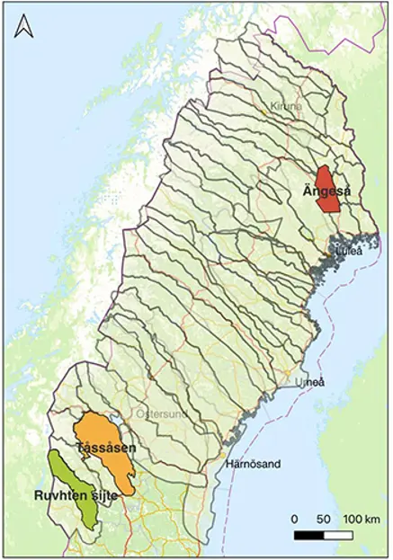 Karta över medverkande samebyar i EQUIP-projektet: Ängeså koncessionssameby (1) i Norrbottens län, och samebyarna Tåssåsen (2) och Ruvhten sijte (3) i Jämtlands län.