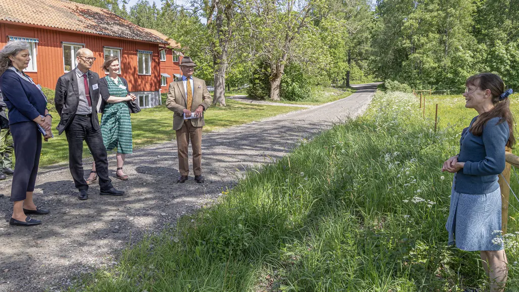 Grupp framför staket i hage.