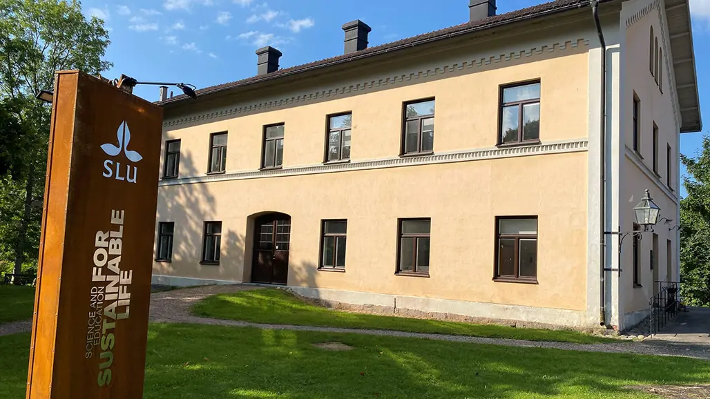 sandfärgat stenhus med SLU-skylt utanför