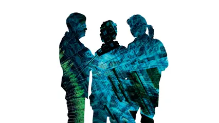 Three silhouettes of people are facing each other. Their outlines are filled with a collage of digital patterns, circuit boards, trees, and architectural elements, suggesting a theme of interaction between humans, technology, and the environment.