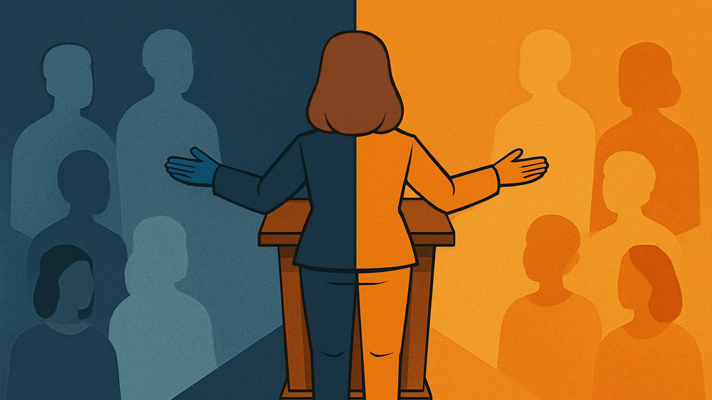 Illustration av en talare vid ett podium som är tudelad i orange och blått. Åt ena sidan talar hon mot en blå publik, åt andra sidan en orange.