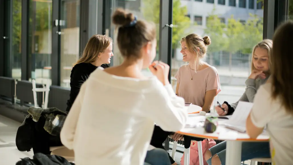 Studenter runt ett bord diskuterar