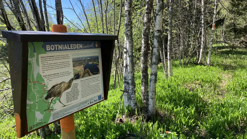 Informationsskylt längs Botnialeden visar en rördrom